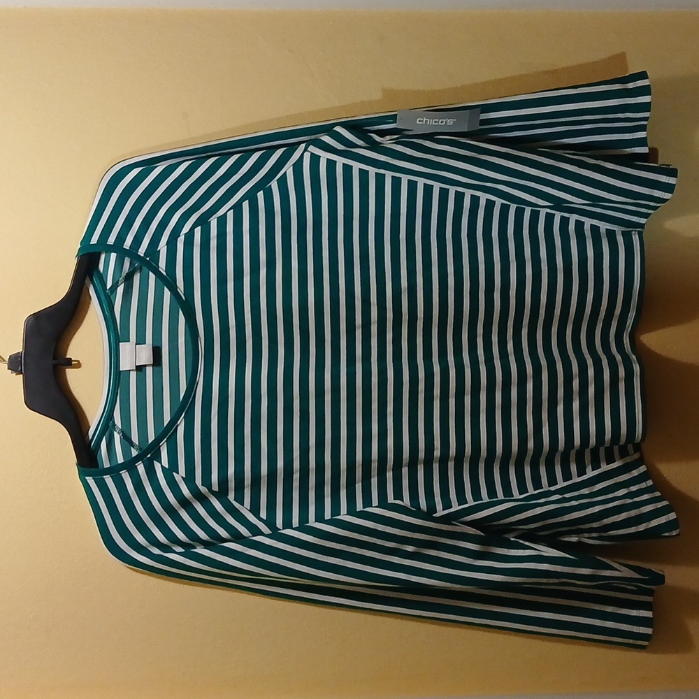 Chico's Bright Jade Stripe Long Sleve Shirt Size 3